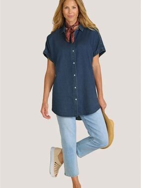 Soft Surroundings Je Veux TENCEL Navy Denim Short-Sleeve Button-Front Tunic